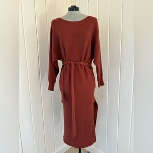 Lulus Rust Ribbed Dolman Sleeve Midi Sweater Dress Belted Burnt Orange